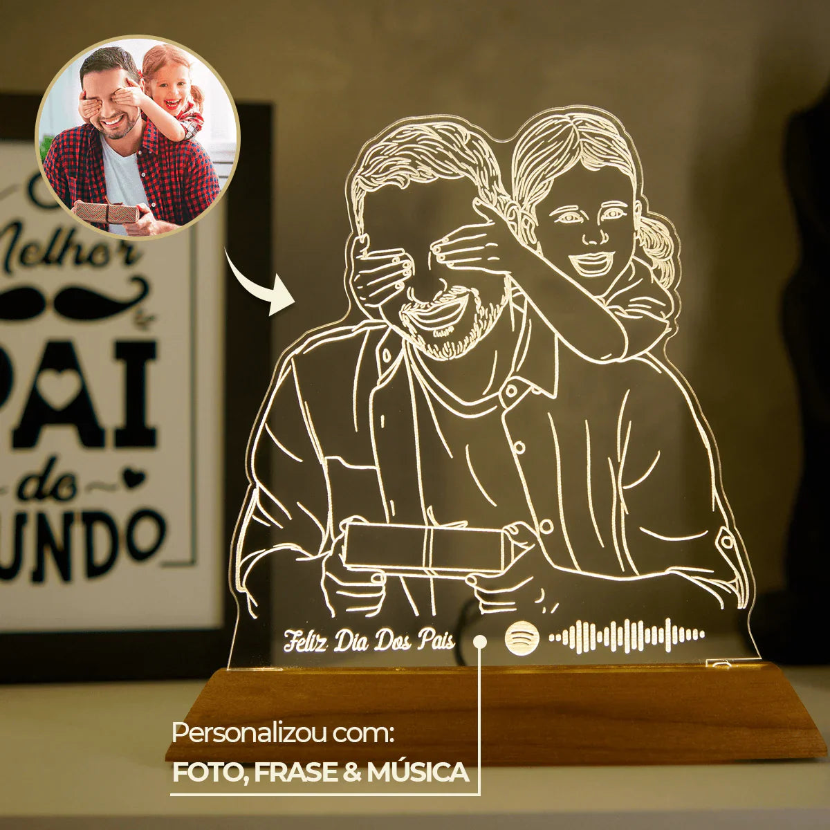 Luminária Pai | Personalizada Com Foto, Frase e Música